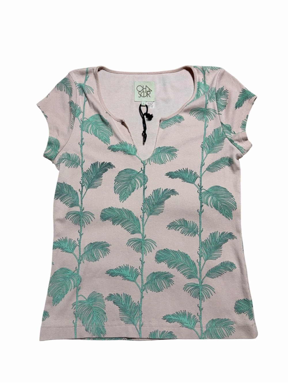 Chaser Pink Green Palm Leaf Split V Neck Short Sleeve Ribbed Baby Tee Top S NWOT